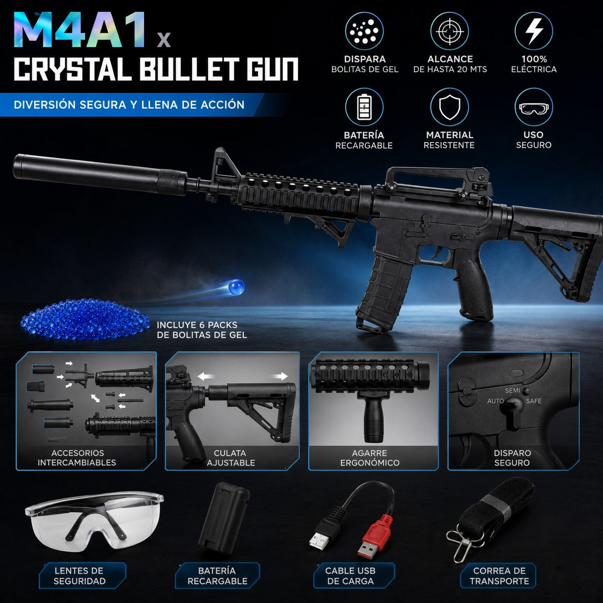 Rifle recargable con balines de hidrogel 90cm
