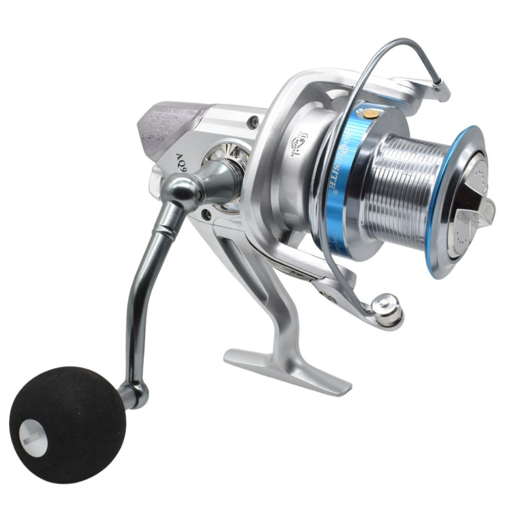 Reel de pesca giratorio 4.9:1 plateado y celeste