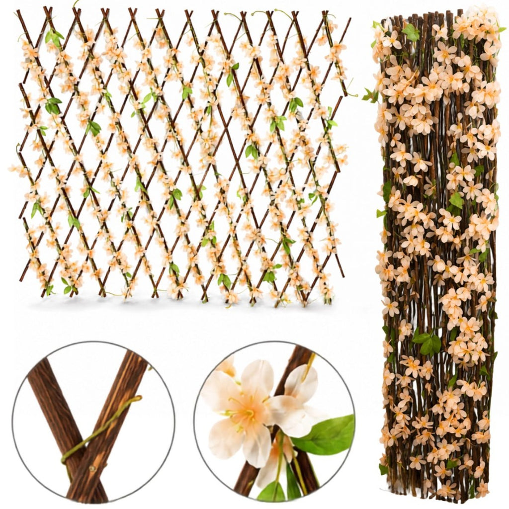 Cerco de madera natural extensible con flores color crema de 3 metros
